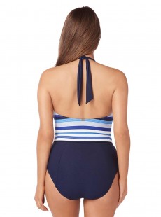 Maillot de bain lissant 1 pièce plongeant Gaea bleu et blanc - Mykonos - Amoressa