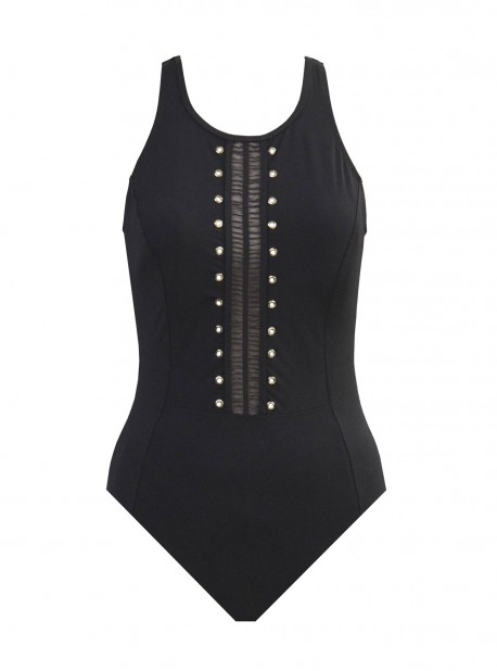 Maillot de bain lissant 1 pièce col haut Satine Noir - Cabaret - Amoressa