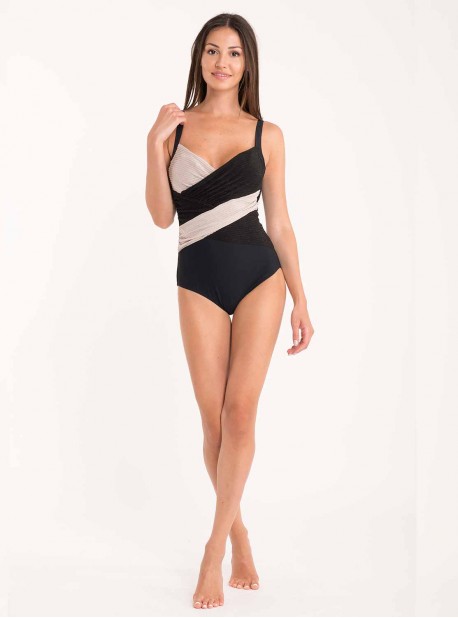 Maillot de bain sculptant 1 pièce Athena noir et beige - Lurex Lines - Miradonna