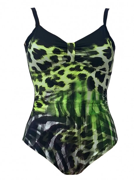 Maillot de bain sculptant 1 pièce Calipso imprimé léopard vert - Eden - Miradonna