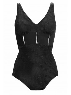 Maillot de bain sculptant 1 pièce Emera noir- Lurex Lines - Miradonna