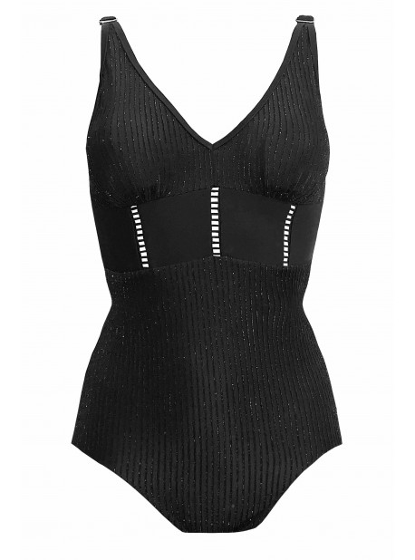 Maillot de bain sculptant 1 pièce Emera noir- Lurex Lines - Miradonna