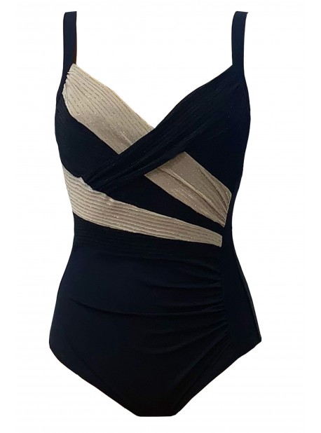 Maillot de bain sculptant 1 pièce Nemesis noir et beige - Lurex Lines - Miradonna